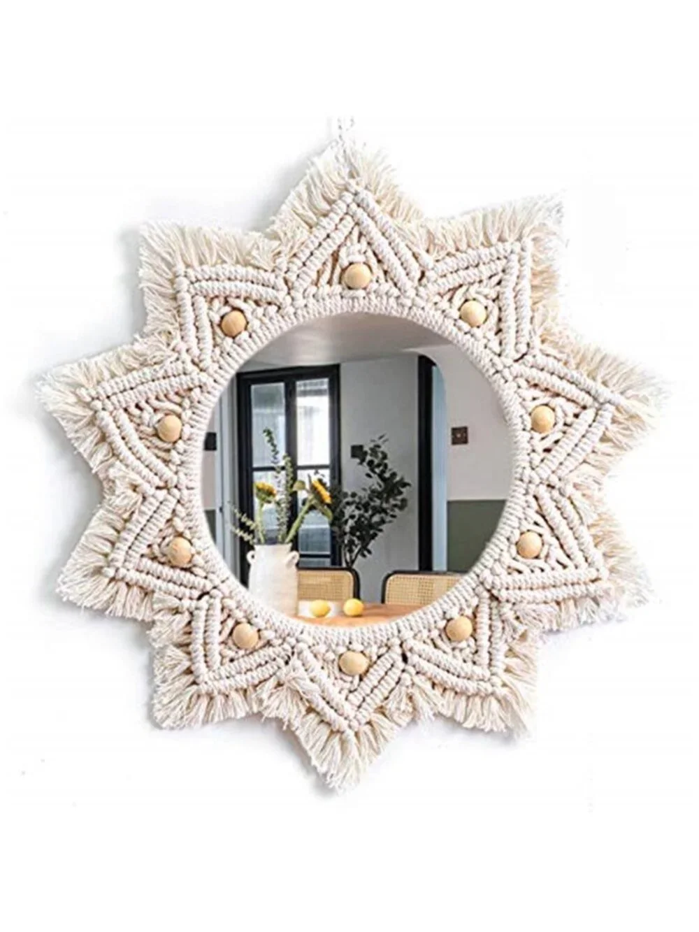 Boho Wall Decor Mirror Macrame Circle Hanging Mirror for Bedroom Living Room